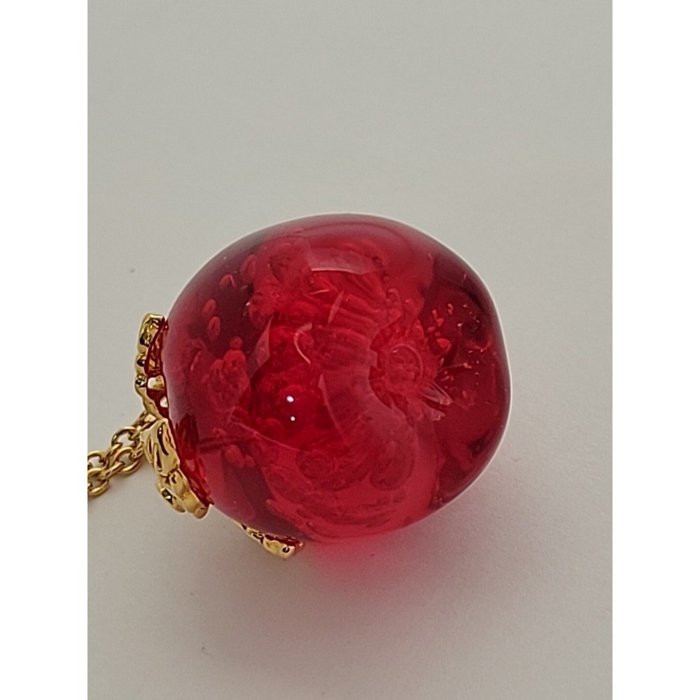 AVON Signed Lucite Candy Red Apple Necklace with Rhinestones 32" Gold Tone Chain - Picture 6 of 10